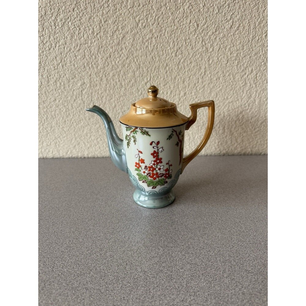 Vintage Chikaramachi Japan Hand Painted Coffee Pot Teapot Floral Gold Trim 7.5”